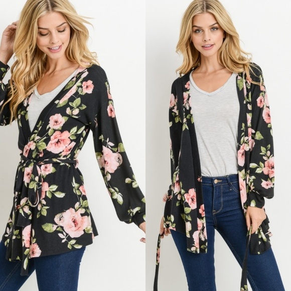 Sweaters - 2 LEFT! Floral puff sleeve belted cardigan